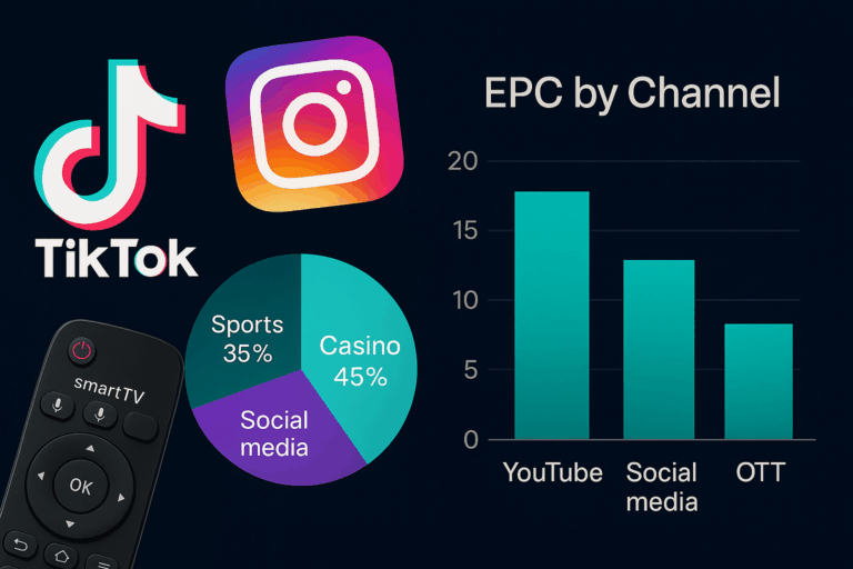 Composite showing TikTok, Instagram, and smart TV icons overlaid on an EPC bar chart for Google, CTV, and social channels