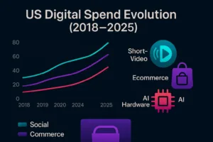 Line chart of affiliate-marketing spend 2018-2024 with social-commerce icons