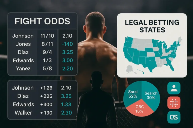 Octagon fighters with live odds board and U.S. map showing legal UFC betting states
