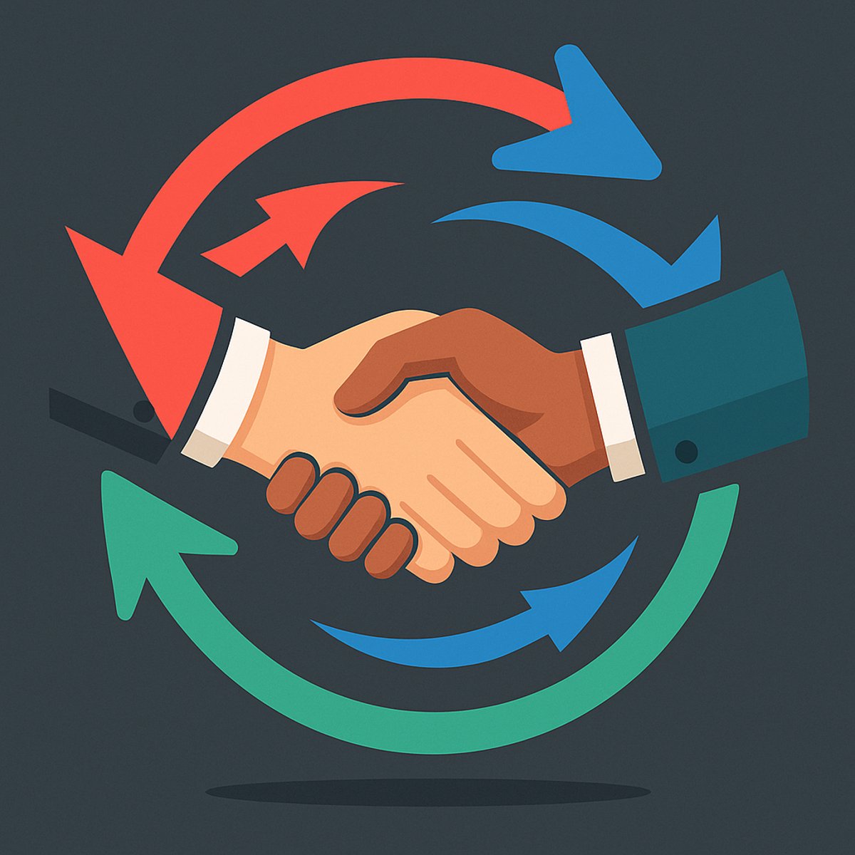 Abstract handshake and arrows representing affiliate partnership and dispute resolution