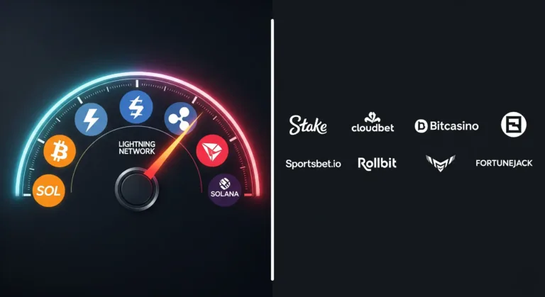 Infographic showing fastest coins for casino withdrawals and a row of top crypto casino logos