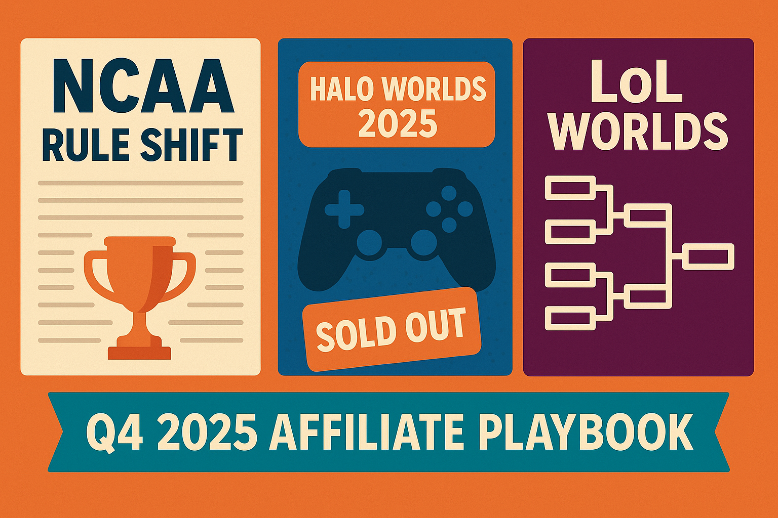 Collage showing NCAA policy headline, Halo Worlds 2025 banner, and LoL Worlds bracket with “Q4 2025 Affiliate Playbook” caption