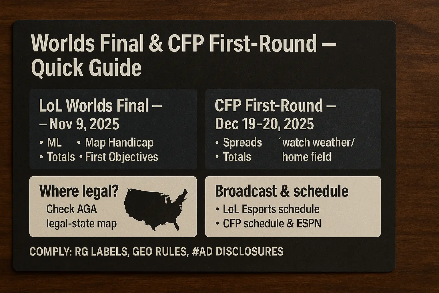 November and December 2025 betting events — quick guide to Worlds Final and CFP First‑Round