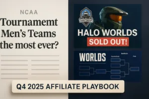 Collage showing NCAA policy headline, Halo Worlds 2025 banner, and LoL Worlds bracket with “Q4 2025 Affiliate Playbook” caption