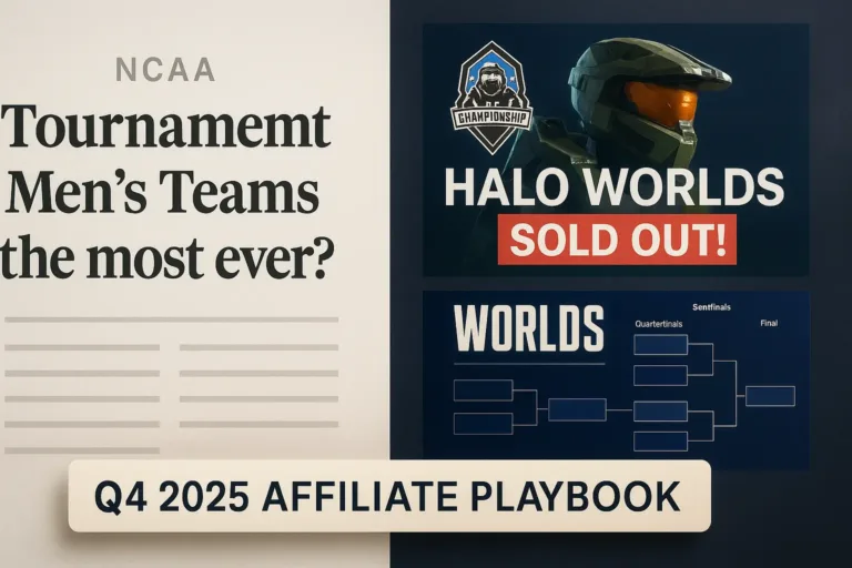 Collage showing NCAA policy headline, Halo Worlds 2025 banner, and LoL Worlds bracket with “Q4 2025 Affiliate Playbook” caption