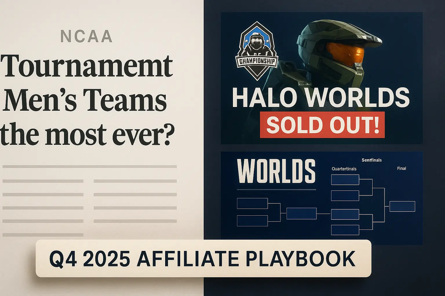 Collage showing NCAA policy headline, Halo Worlds 2025 banner, and LoL Worlds bracket with “Q4 2025 Affiliate Playbook” caption