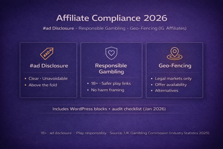 Affiliate compliance 2026 — #ad disclosure, responsible gambling, geo‑fencing checklist
