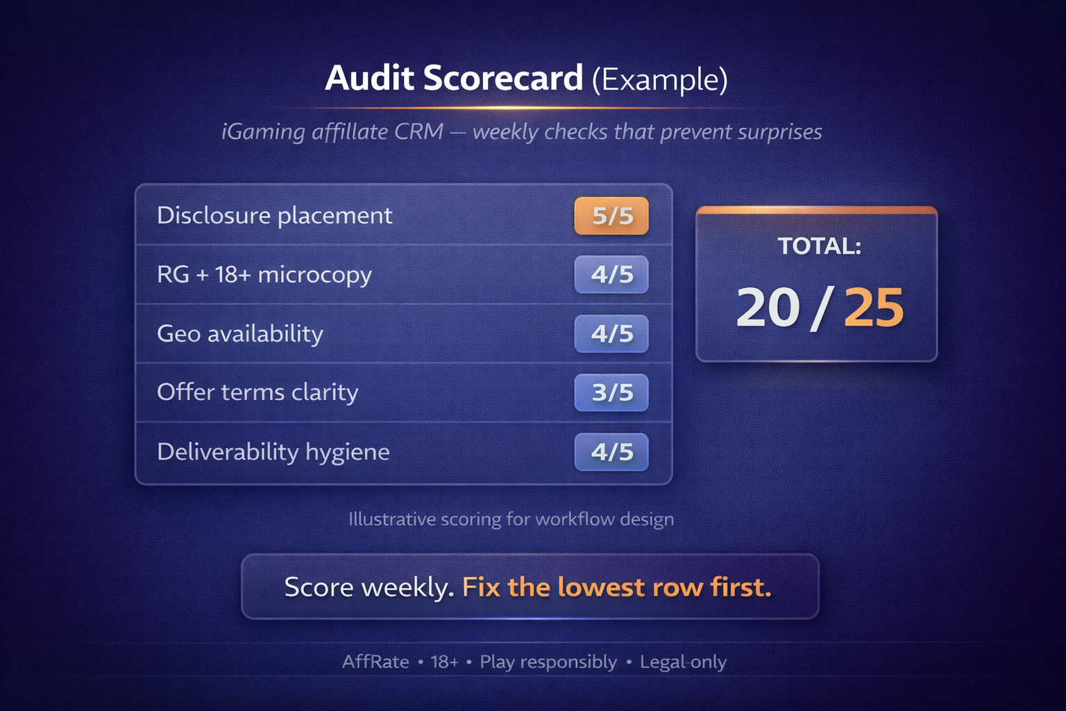 Audit scorecard for iGaming affiliate CRM pages and emails