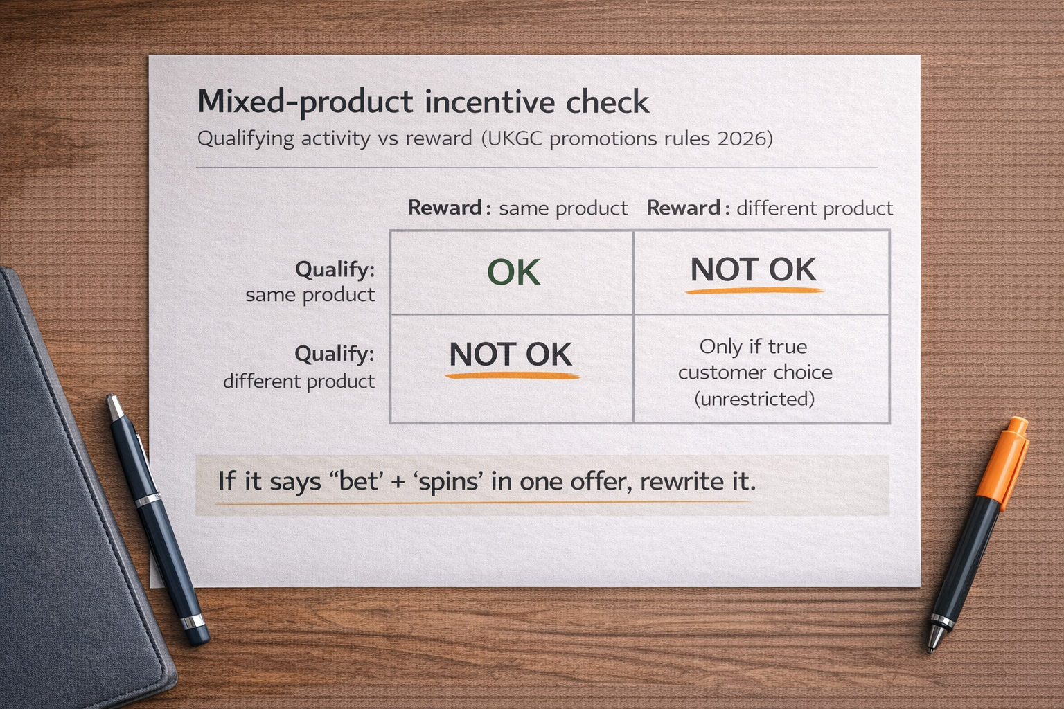 UKGC promotions rules 2026 mixed-product incentives matrix: qualifying activity vs reward