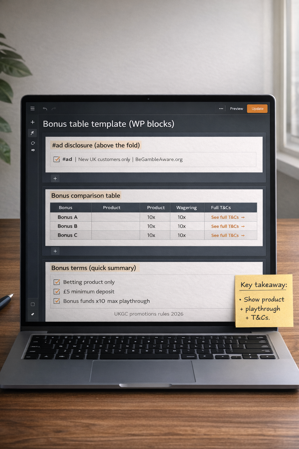 UKGC promotions rules 2026 WordPress bonus table blocks: disclosure, bonus table, and terms summary
