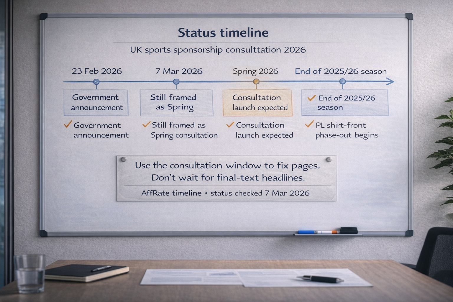 UK sports sponsorship consultation 2026 timeline: announcement, March 7 status check, expected spring consultation, and shirt-front phase-out