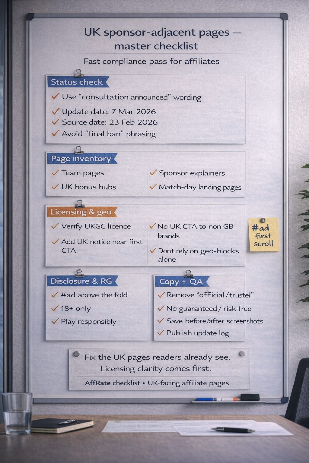 UK sports sponsorship consultation 2026 checklist for affiliates: disclosures, licensing, geo-gating, RG, and changelog