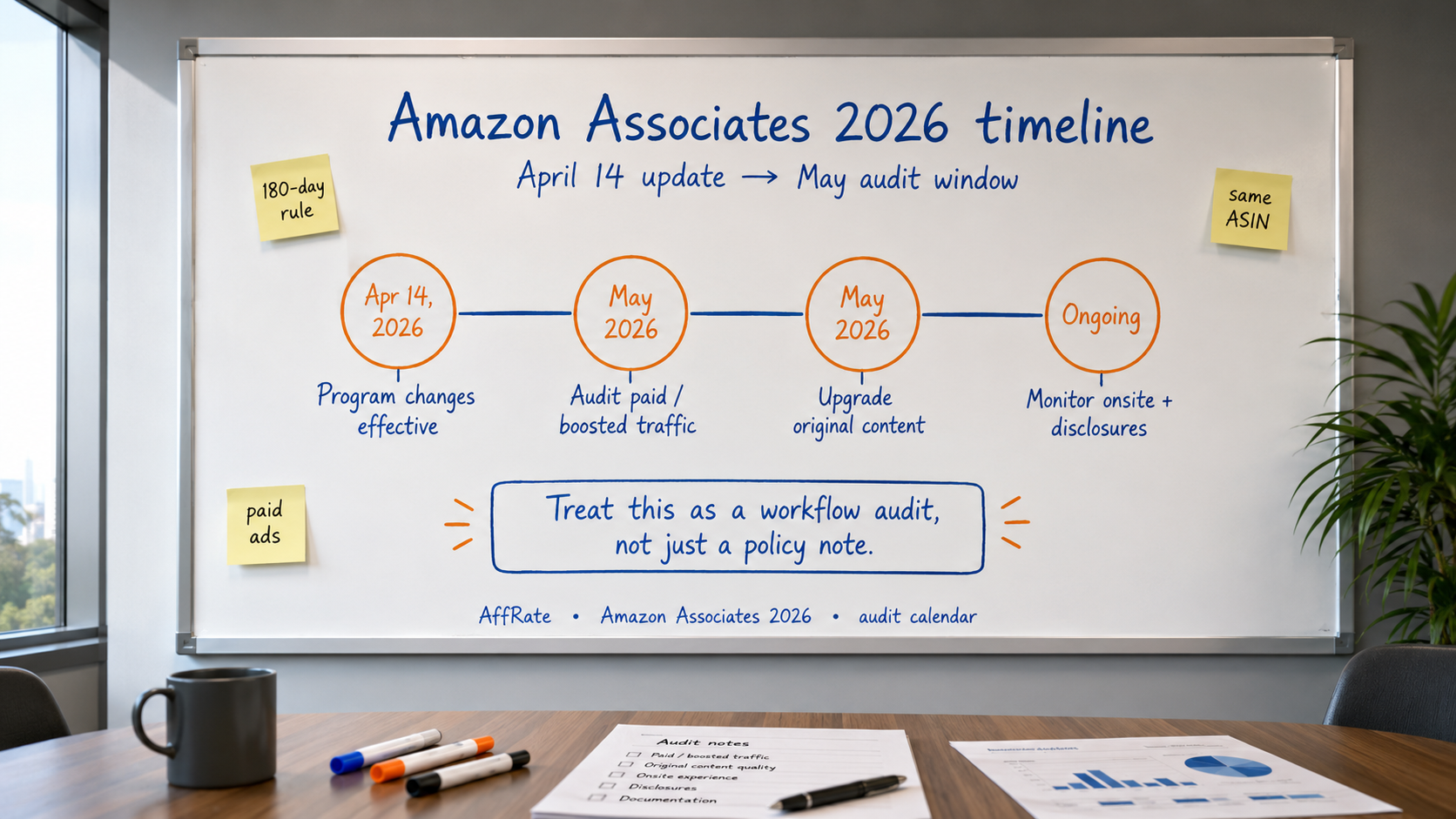 Amazon Associates 2026 timeline showing April 14 program changes and affiliate audit window