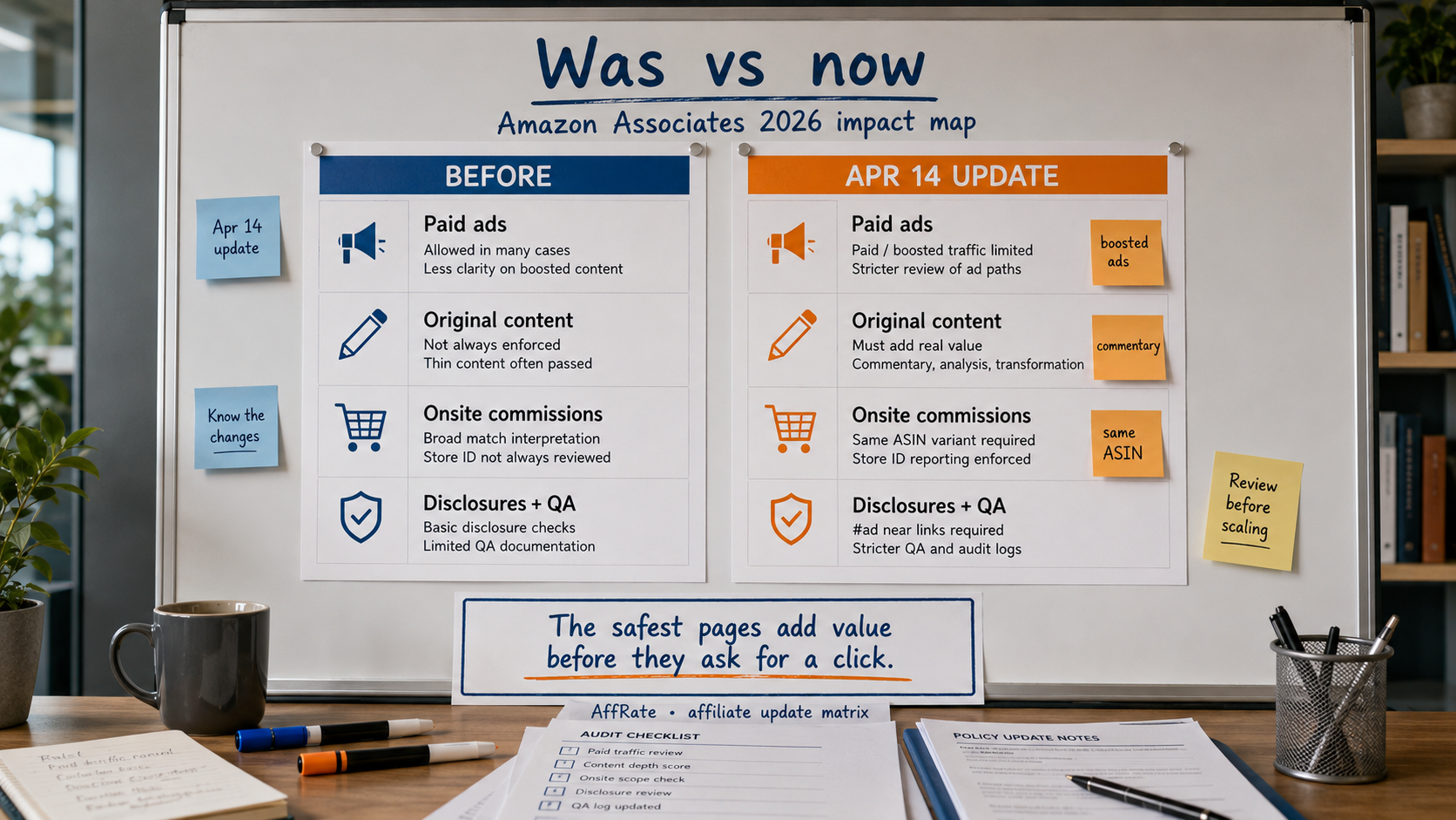 Amazon Associates 2026 was vs now table for paid ads, original content, and onsite commissions
