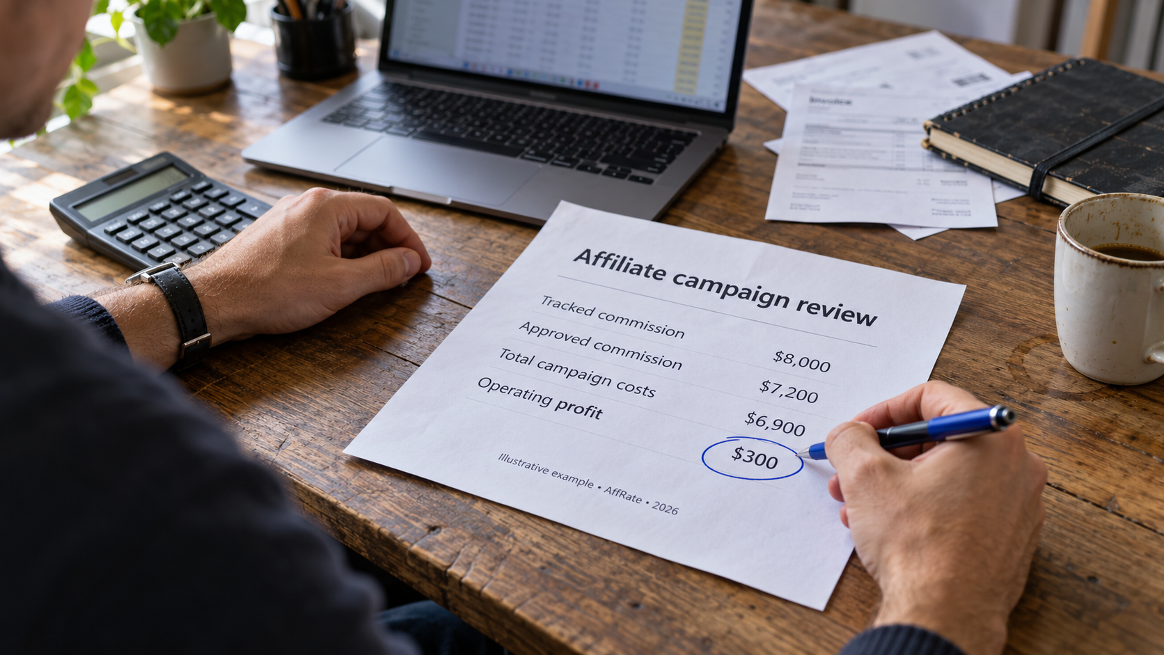 Affiliate marketing ROI example showing tracked commission, campaign costs and operating profit