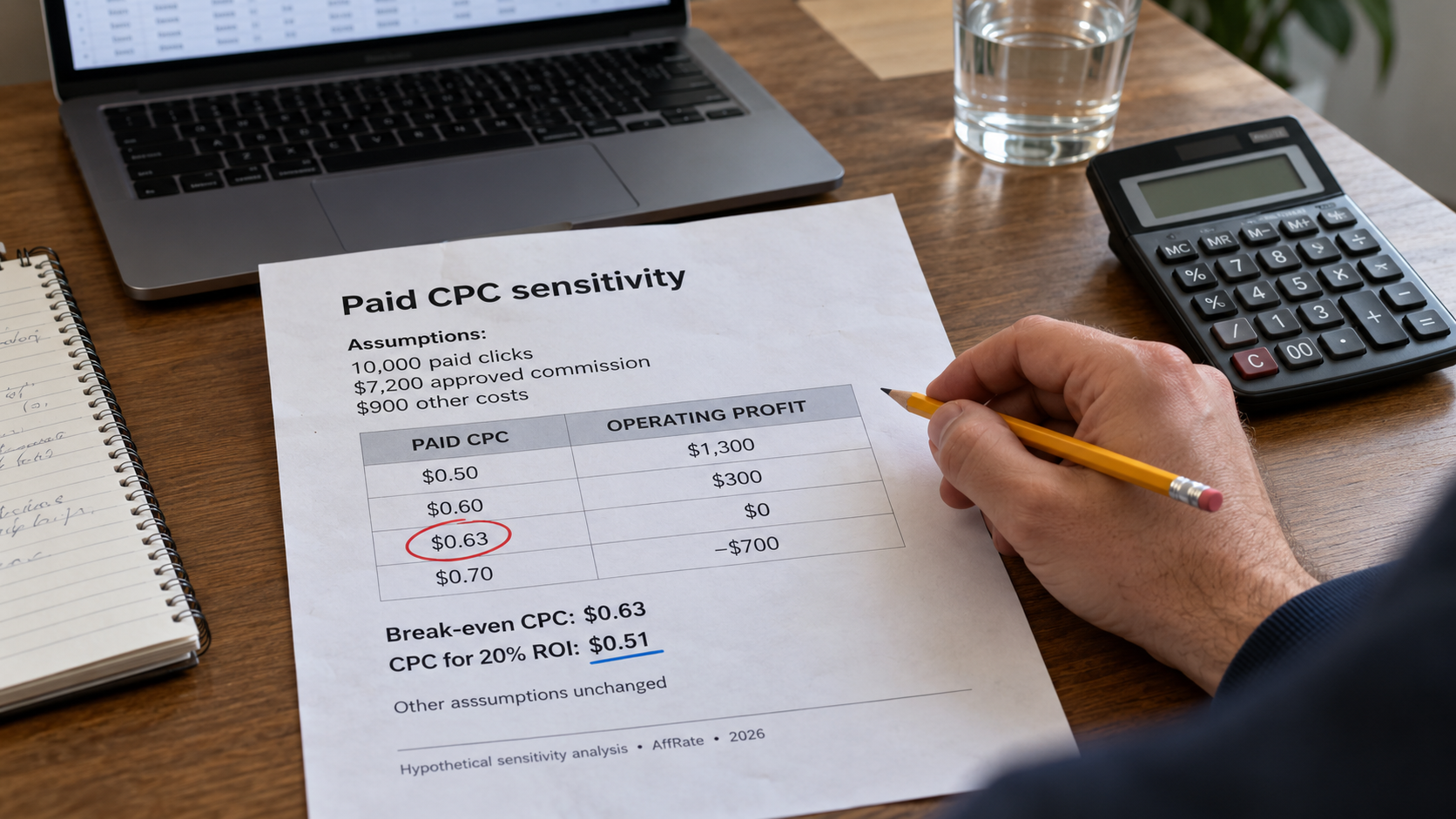Affiliate marketing ROI sensitivity showing profit at different paid CPC levels