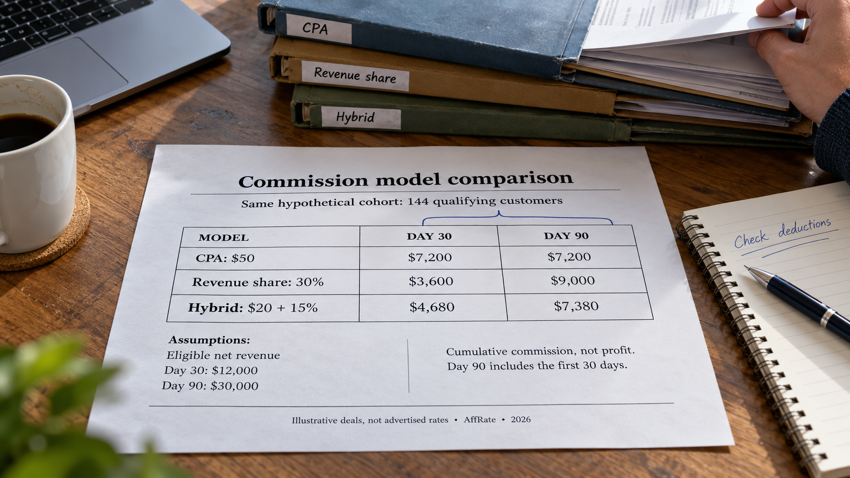 Affiliate marketing ROI comparison of hypothetical CPA, revenue-share and hybrid commissions