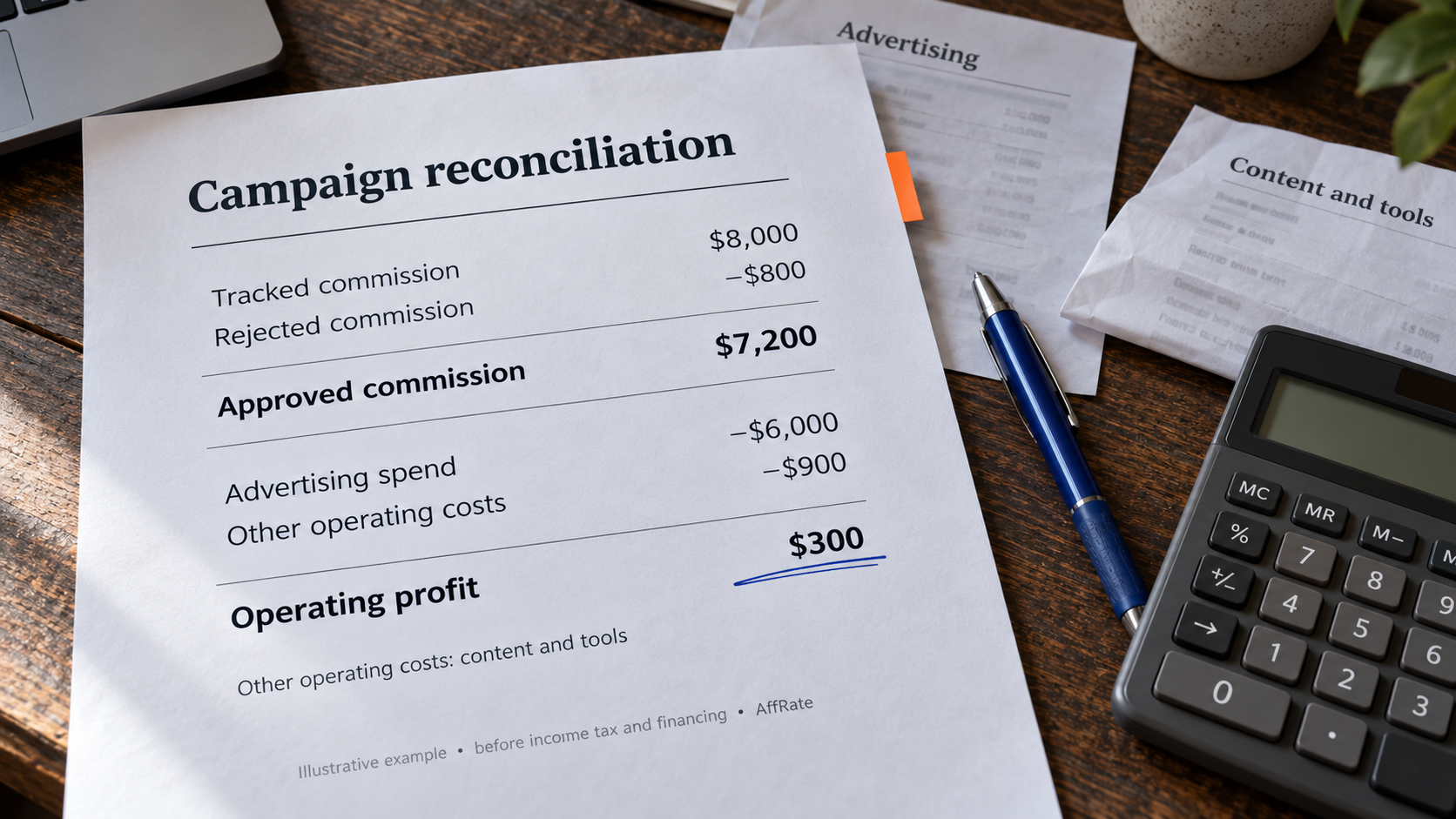 Affiliate marketing ROI calculation from $8,000 tracked commission to $300 operating profit