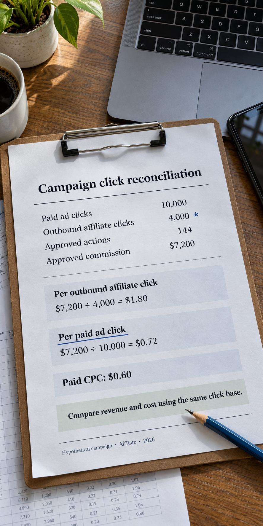 Affiliate marketing ROI worksheet separating paid ad clicks from outbound affiliate clicks