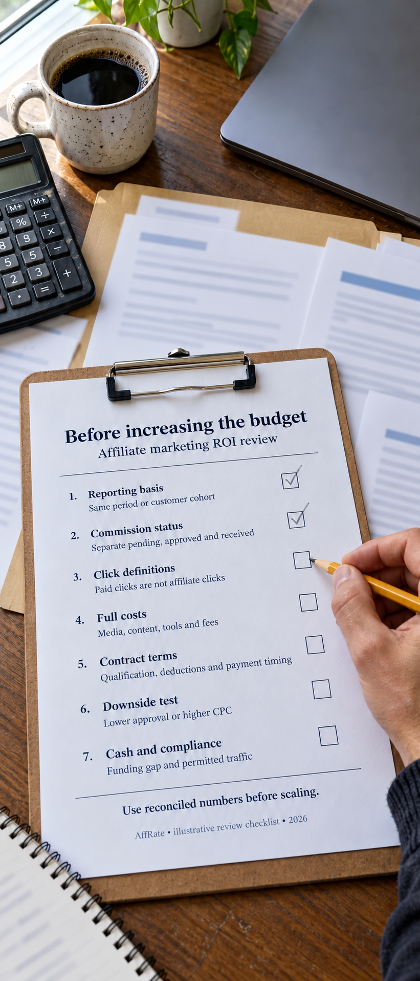 Affiliate marketing ROI checklist covering commission status, full costs, click definitions and cash flow